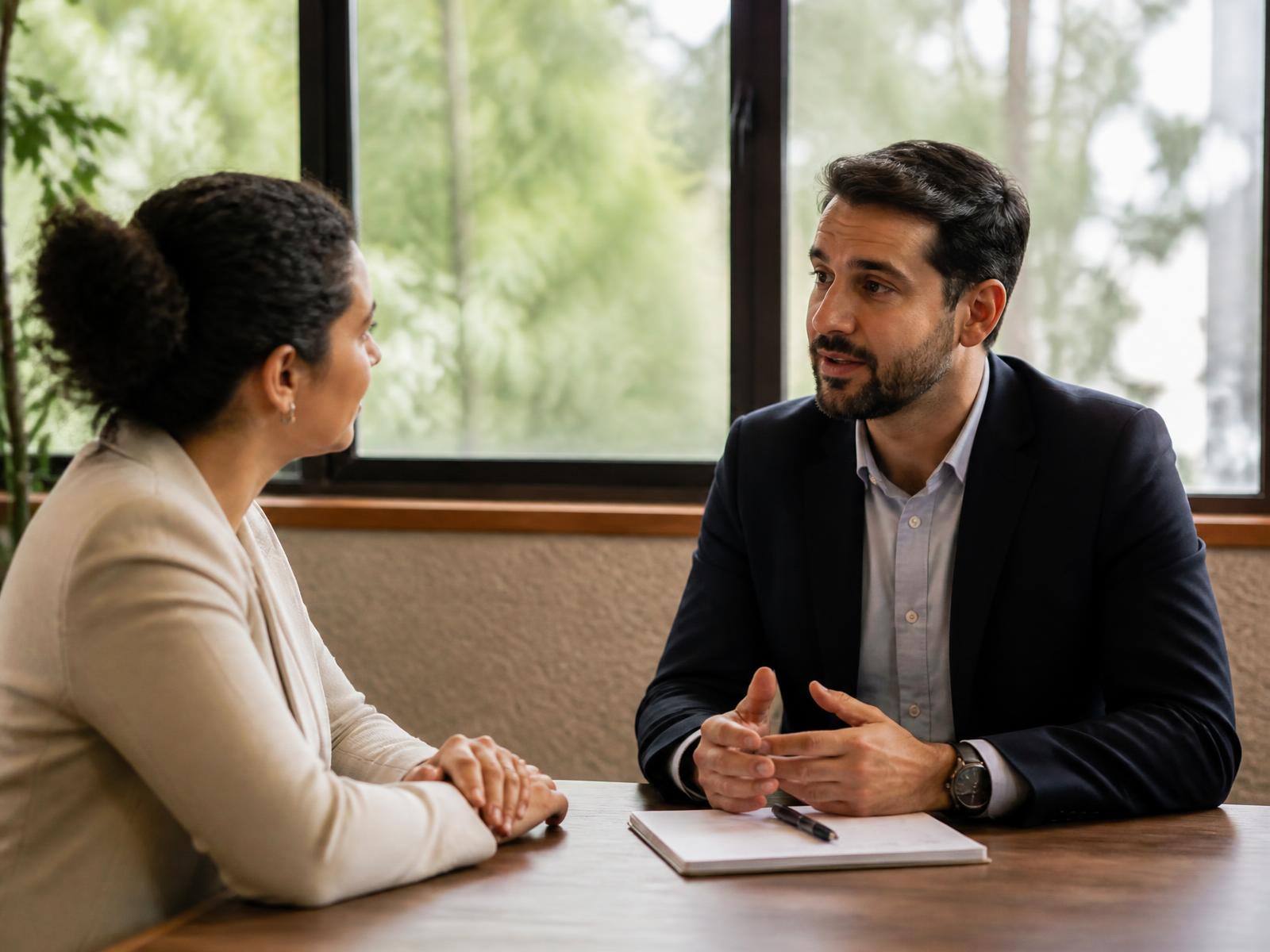 Duas pessoas em conversa de trabalho atenta ao redor de uma mesa