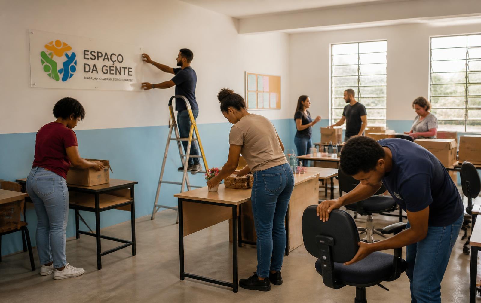 Equipe organizando um novo espaço de trabalho antes da abertura